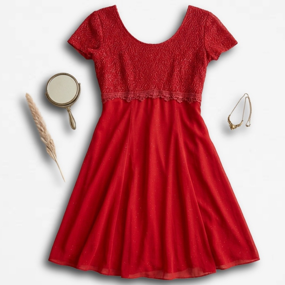 Vintage Molly Malloy Evening Red Glitter Lace Empire Waist Cocktail Dress Womens